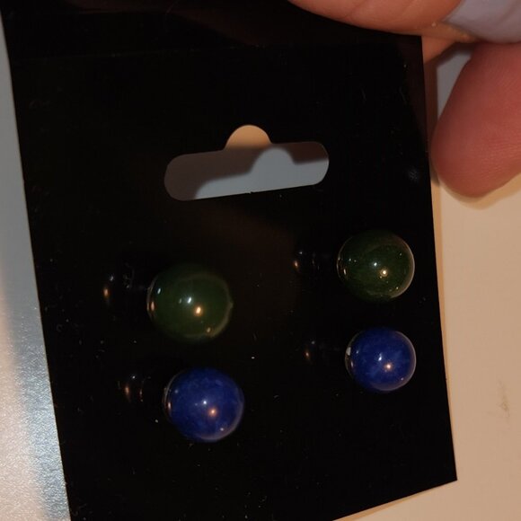 Two Pairs of Rounded Stud Earrings - Dark Green & Dark Blue - Picture 2 of 3
